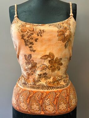 Y2K Faded Glory Orange Paisley Tropical Floral Braided Straps Tank Top Size L